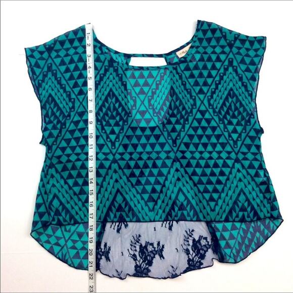 Emerald Green Navy Geometric Print Sheer Crop Top - Picture 4 of 5